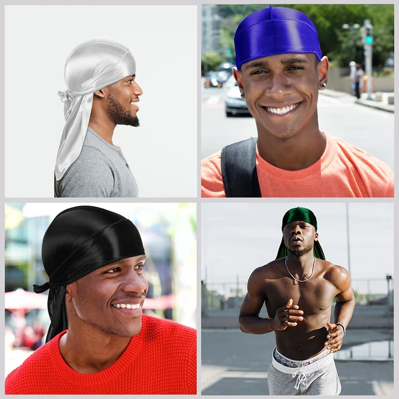 Men’s Silky Durag with Long Tail - Pirate Hat, Headband, Turban, Wave Cap, Unisex Satin Wig Cap with Elastic Band