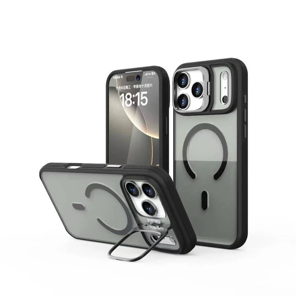 Luxury Matte Transparent MagSafe Kickstand Case — Magnetic Stand Cover for iPhone 11–17 Air, Plus, Pro Max