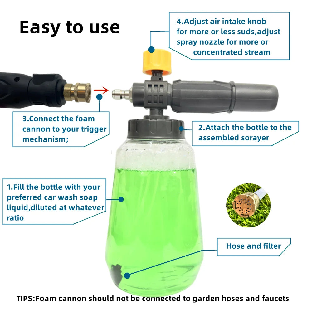 1 PC Black and Yellow Thick Handle Foam Cannon with 1000 ML Transparent Bottle: Snow Foam Lance Washer Kit - Pressure Car Washer Accessory