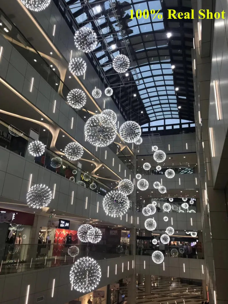 Italy Designer Spark Ball LED Chandelier – Stainless Steel Firework Pendant Lamp with Remote for Loft Living Room Decor