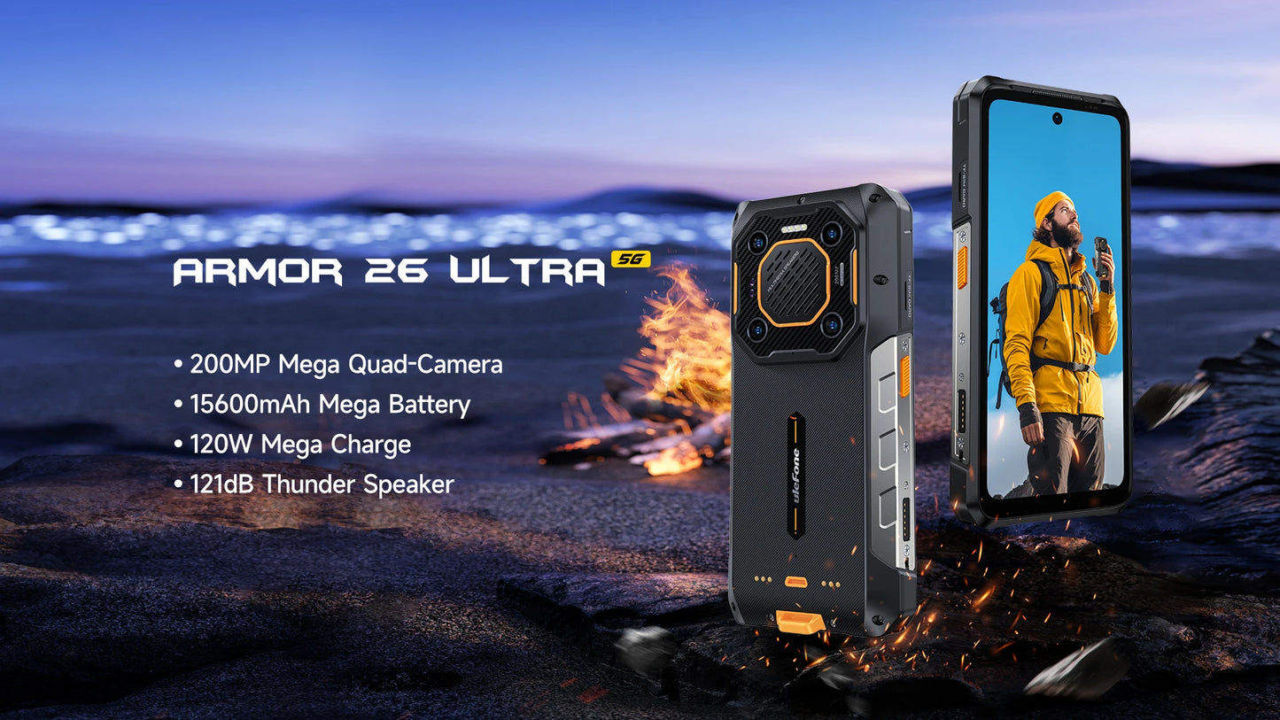 Ulefone Armor 26 Ultra 5G Rugged Waterproof Smartphone - 120W Fast Charging, 15600mAh, 200MP+64MP, 24GB+512GB, NFC
