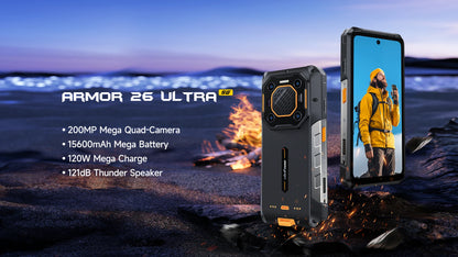 Ulefone Armor 26 Ultra 5G Rugged Waterproof Smartphone - 120W Fast Charging, 15600mAh, 200MP+64MP, 24GB+512GB, NFC