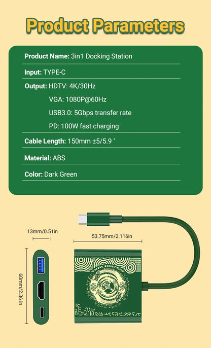 4K Switch TV Docking Station — 3-in-1 USB-C Game Hub with USB 3.0, HDMI & 100W PD for Laptop, Nintendo Switch/Switch OLED, Mobile Phone