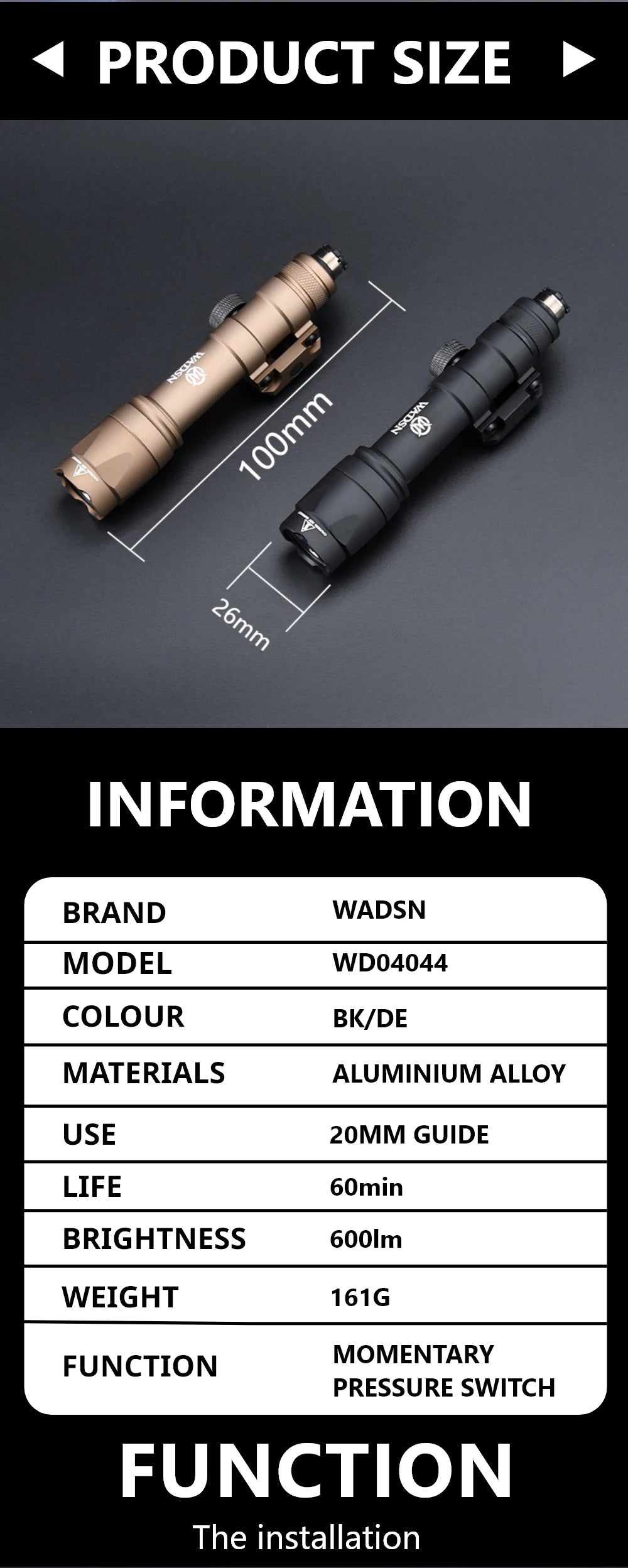 WADSN Airsoft M600C/M600/M300 Tactical Scout Light – AR15 Rifle LED Flashlight, Hunting Spotlight, 20mm Rail Mount