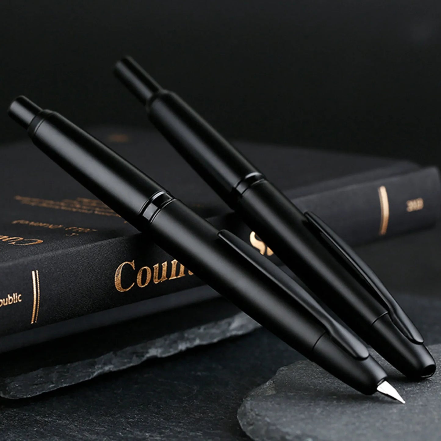 Majohn A1 Press Fountain Pen - Retractable EF Nib 0.4mm, Metal Matte Black Ink Pen with Converter, Ideal Student Gift