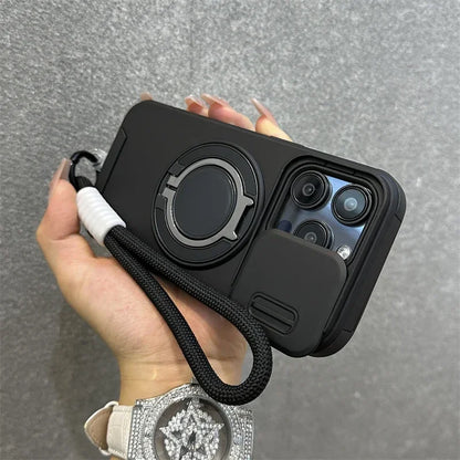 Armor Magnetic iPhone Case with Lanyard – Shockproof Slide Camera Protection for iPhone 11-16 Pro Max