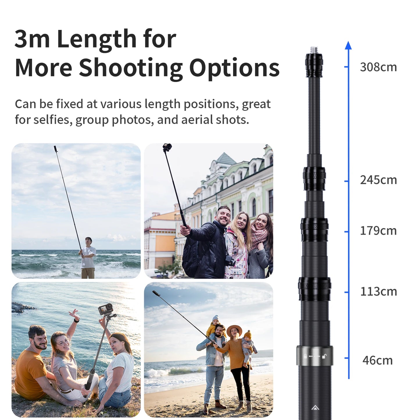 aMagisn 3M Invisible Selfie Stick - 1.2M Carbon Fiber Telescopic Monopod for DJI, GoPro, Insta360 X3/X4 Accessories