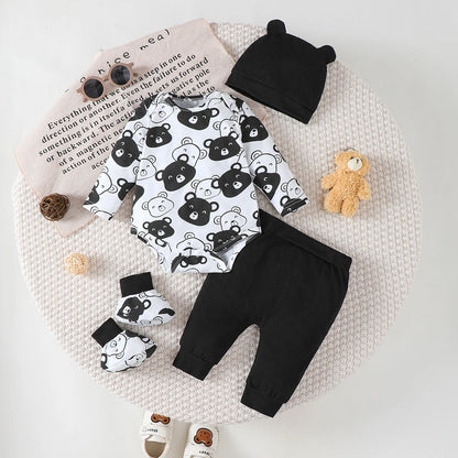 0-9 Months Baby Boy Set – Little Bear Long Sleeve Bodysuit, Pants, Hat & Socks for Spring & Autumn Newborns