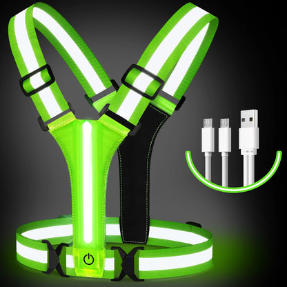 LED Running Vest – USB Rechargeable Reflective Glowing Straps for High Visibility Night Running & Cycling, Elastic Safety Band