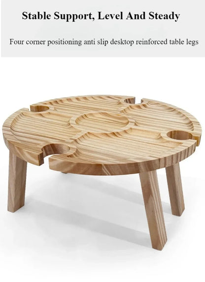 Wooden Folding Picnic Table – Round Foldable Desk with Wine Glass Rack, Portable Snack Table for Outdoor Camp