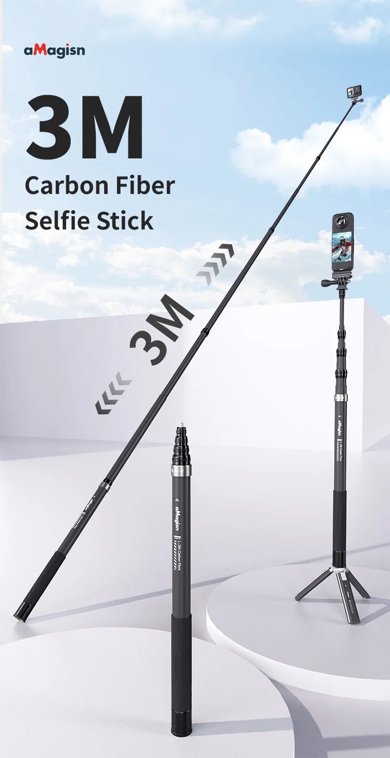 aMagisn 3M Invisible Selfie Stick - 1.2M Carbon Fiber Telescopic Monopod for DJI, GoPro, Insta360 X3/X4 Accessories
