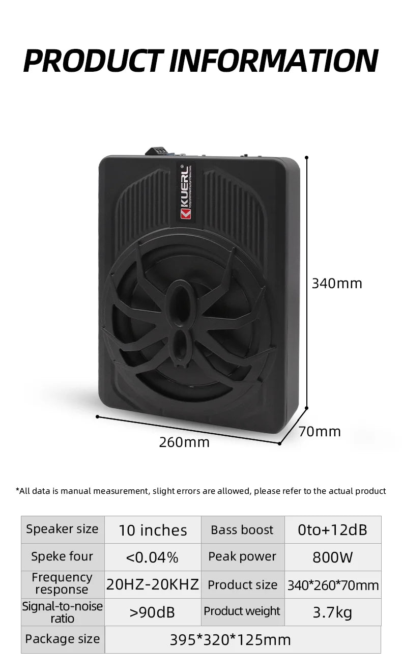10 Inch Car Audio Subwoofer – 150W RMS Active Stereo, High Power Pure Bass Slim Speaker for Under-Seat Installation