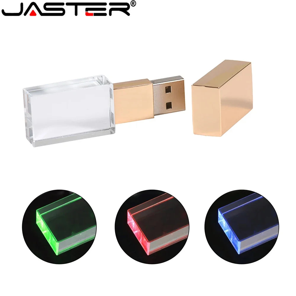 JASTER Rectangular Crystal USB Flash Drive - 16GB/32GB/64GB USB 2.0, Blue Green Red LED, Creative Colors, Free Logo on Bulk Orders (10+ PCS)