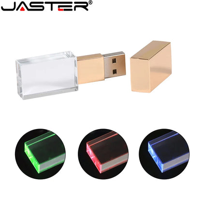 JASTER Rectangular Crystal USB Flash Drive - 16GB/32GB/64GB USB 2.0, Blue Green Red LED, Creative Colors, Free Logo on Bulk Orders (10+ PCS)