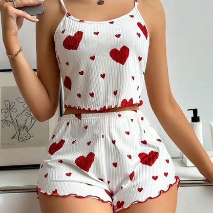 Women's 2PC Pajama Set – Soft Sleeveless Tank & Shorts | Casual Sleepwear with Love Print (S- L, White)
