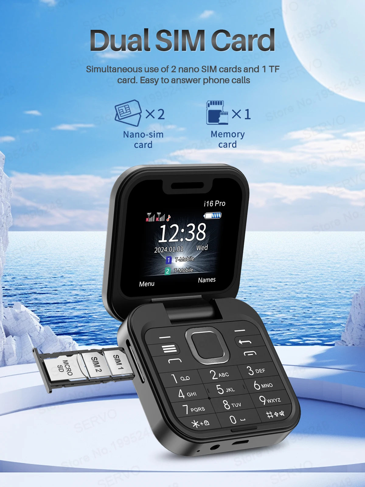 SERVO I16 Pro Mini Fold Mobile Phone — Dual SIM 2G GSM Flip Cellphone with Speed Dial, FM, 3.5mm Jack & Video Player