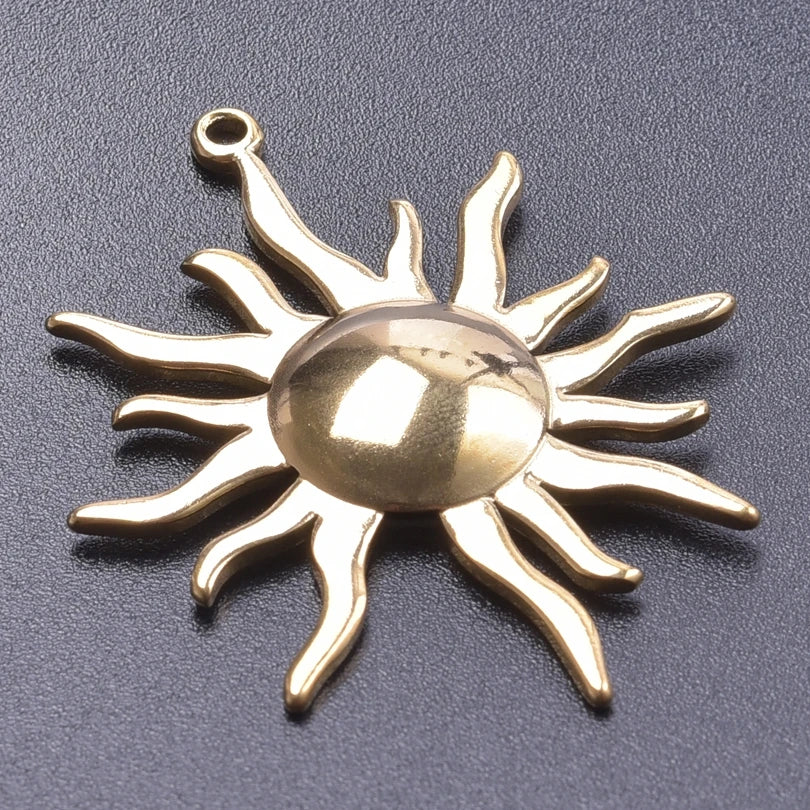 6pcs Real Gold-Plated Sun Charms - Stainless Steel Jewelry Making Pendants, Heart, Moon & Sunshine Design