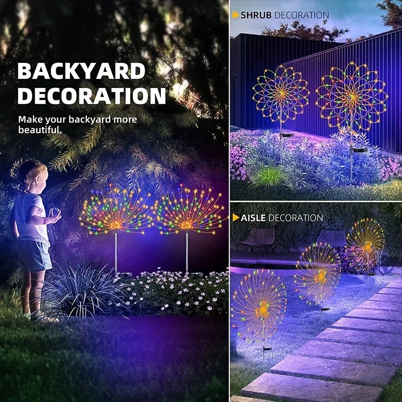 1PC Solar Fireworks Lamp - Outdoor Grass Globe Dandelion Flash String Fairy Lights - 90/150/200 LED for Garden Lawn Holiday Lighting