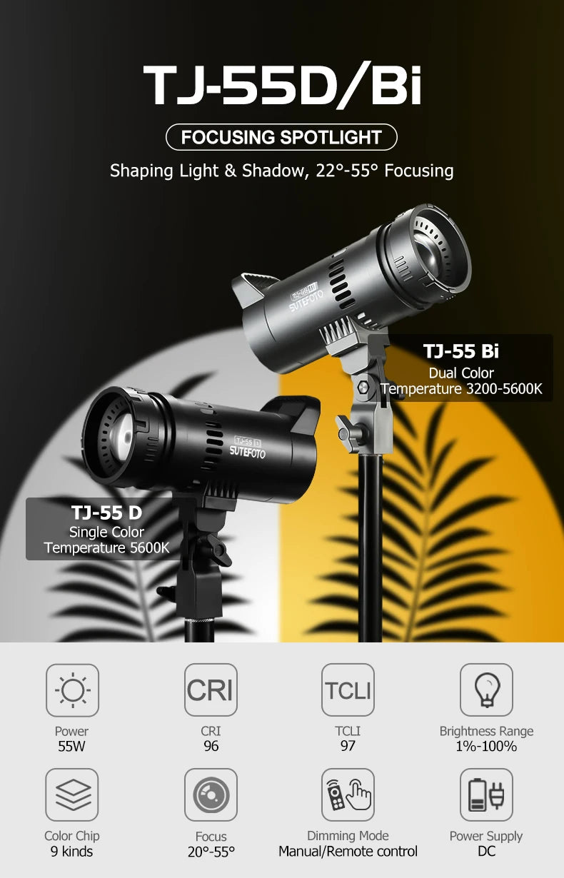 Sutefoto TJ55 Bi-Color LED Video Light - 55W COB Photographic Light, 3200K-5600K, Portable Fill Light for Video & Live Streaming