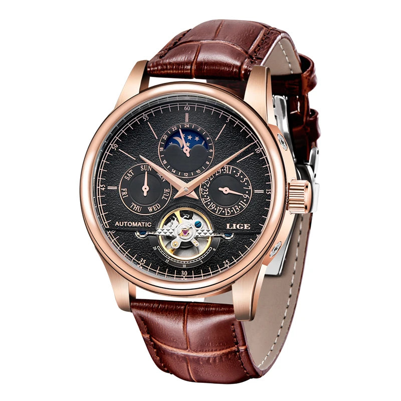 LIGE Men's Automatic Mechanical Tourbillon Watch - Waterproof Genuine Leather Military Wristwatch