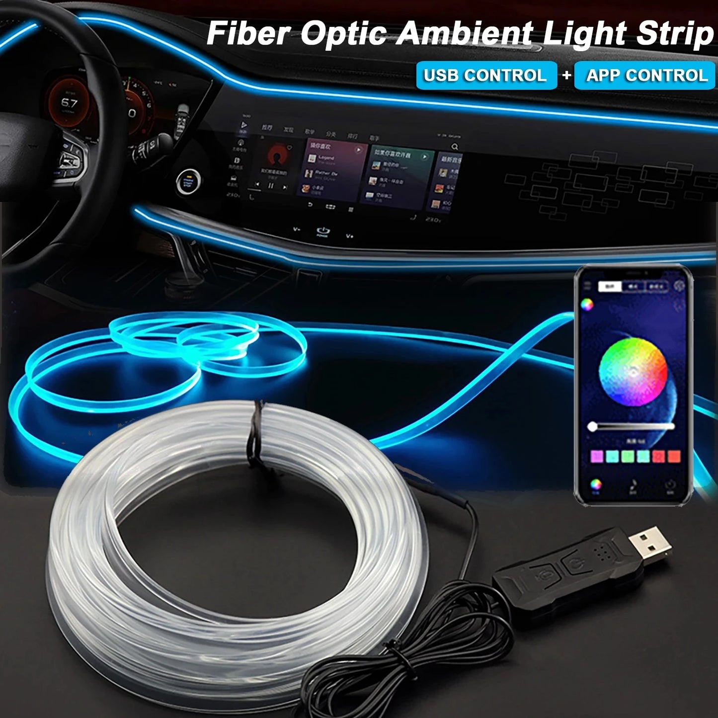 RGB Car Interior LED Light Strip – 2/3/4/5M USB Fiber Optic Atmosphere Lamp, APP Control for Customizable Lighting
