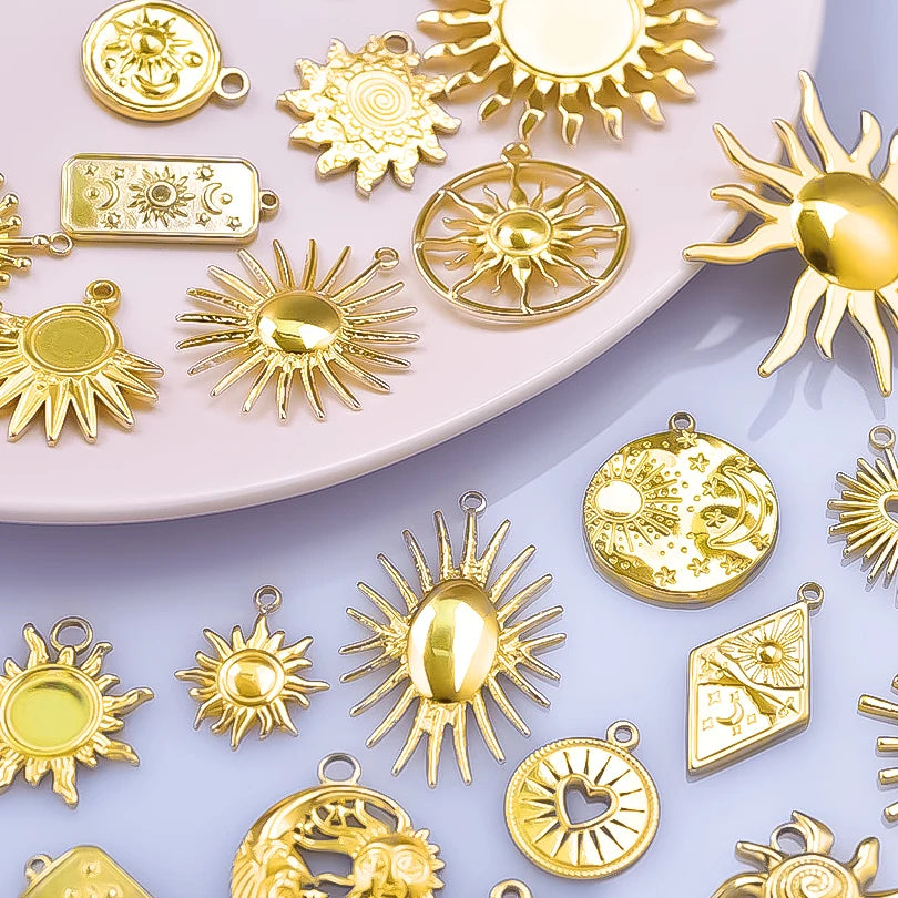 6pcs Real Gold-Plated Sun Charms - Stainless Steel Jewelry Making Pendants, Heart, Moon & Sunshine Design