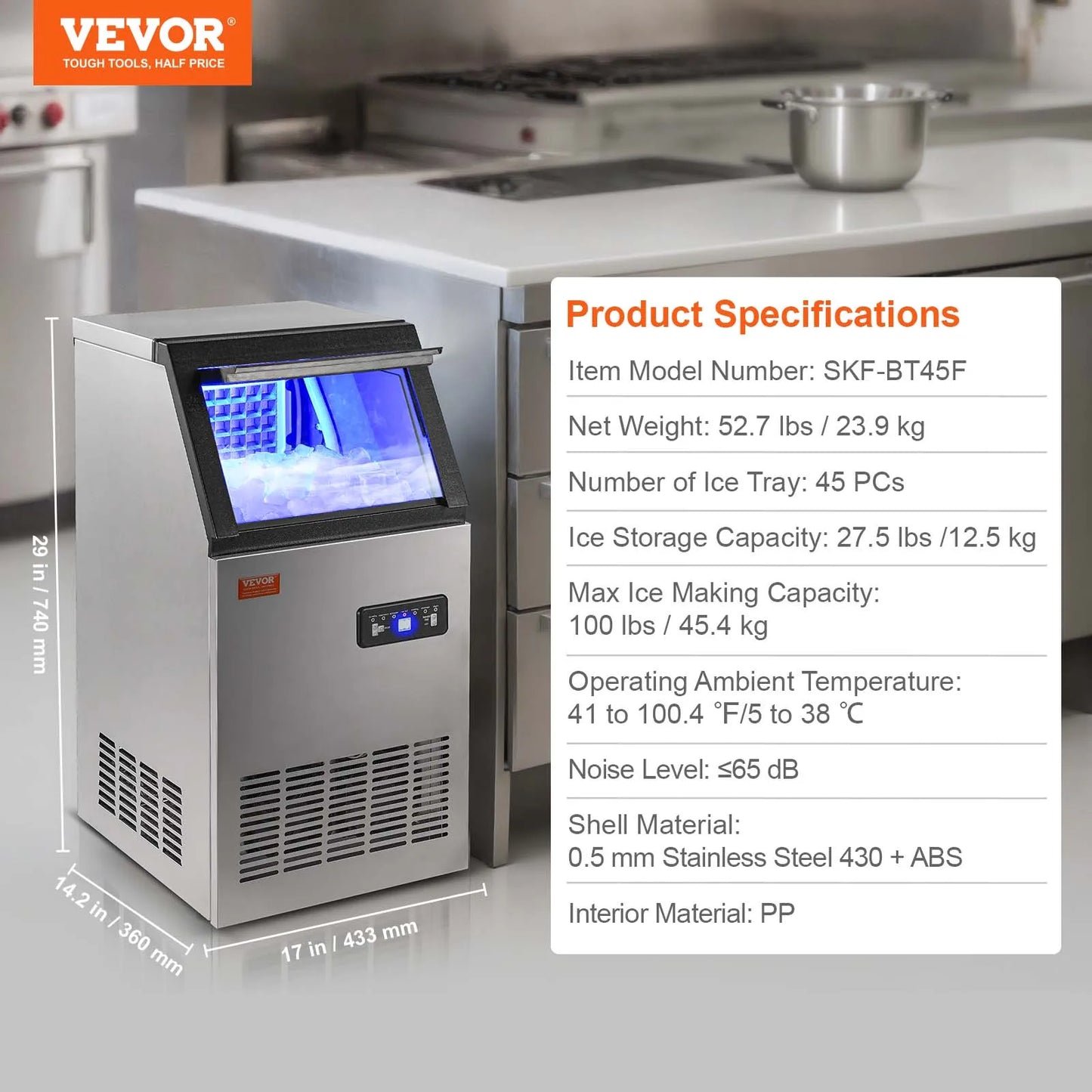 VEVOR Commercial Ice Maker – 100LB/24H, 45 Ice Cubes in 12-15 Mins, Freestanding with LED Display