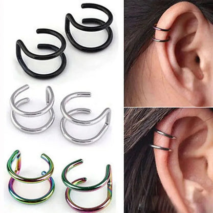 2Pcs 316L Stainless Steel Fake Piercing Jewelry: Clip-on Ear Cuffs & Labret Rings - Non-Piercing Accessories for Women and Men