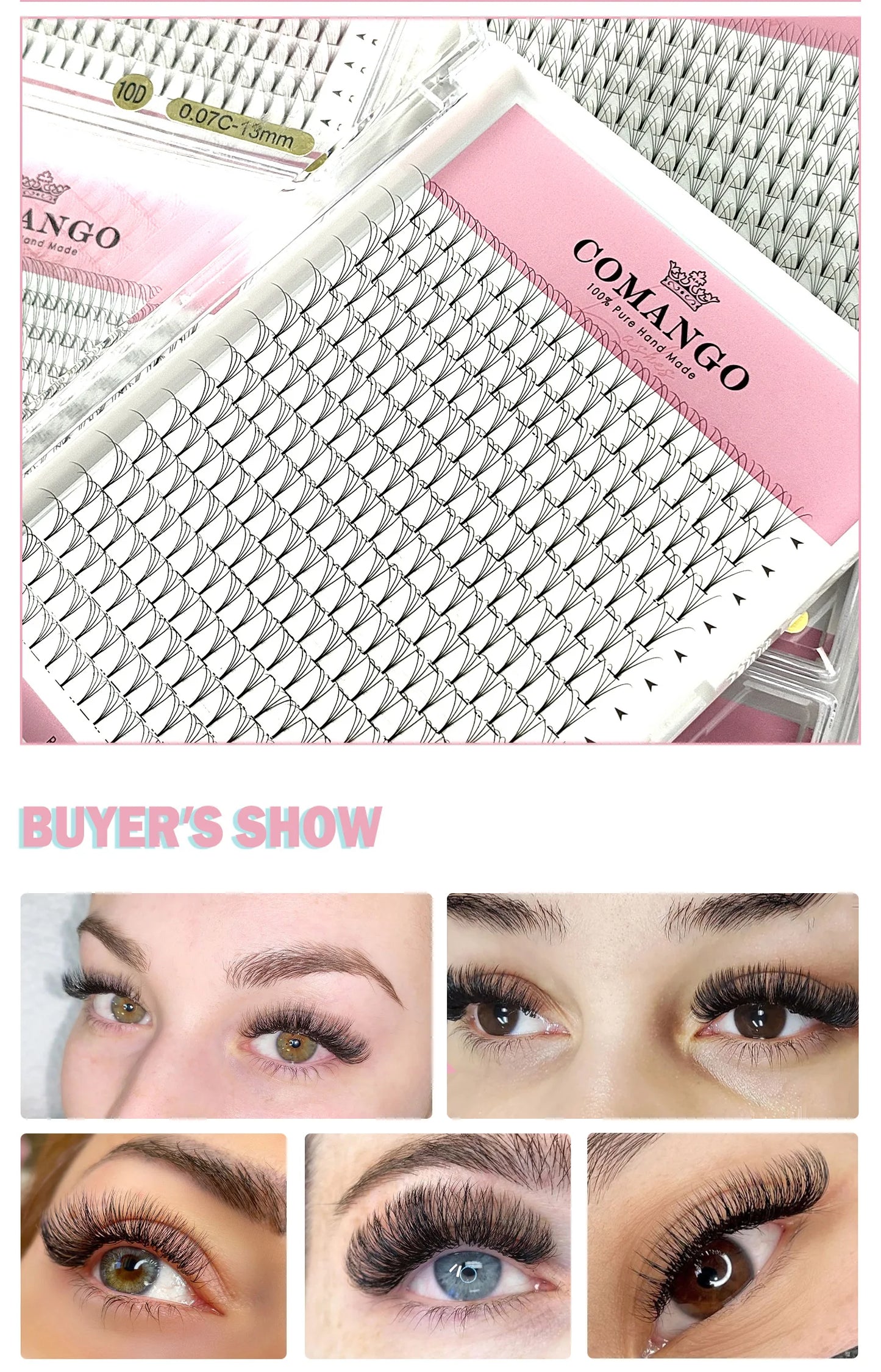 CoMango Wispy Premade Volume Lash Fans – 3-10D Individual Short Stem Faux Mink Russian Eyelash Extensions, 320 Fans