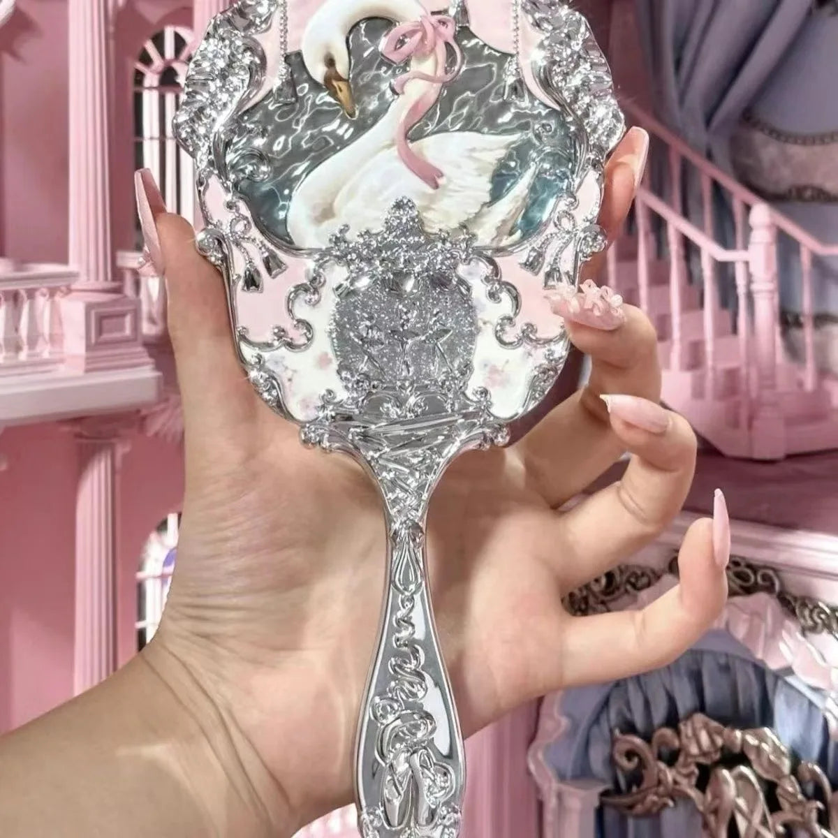 Flower Knows Angel Series Handheld Mirror – White, Black & Pink Compact Mirror