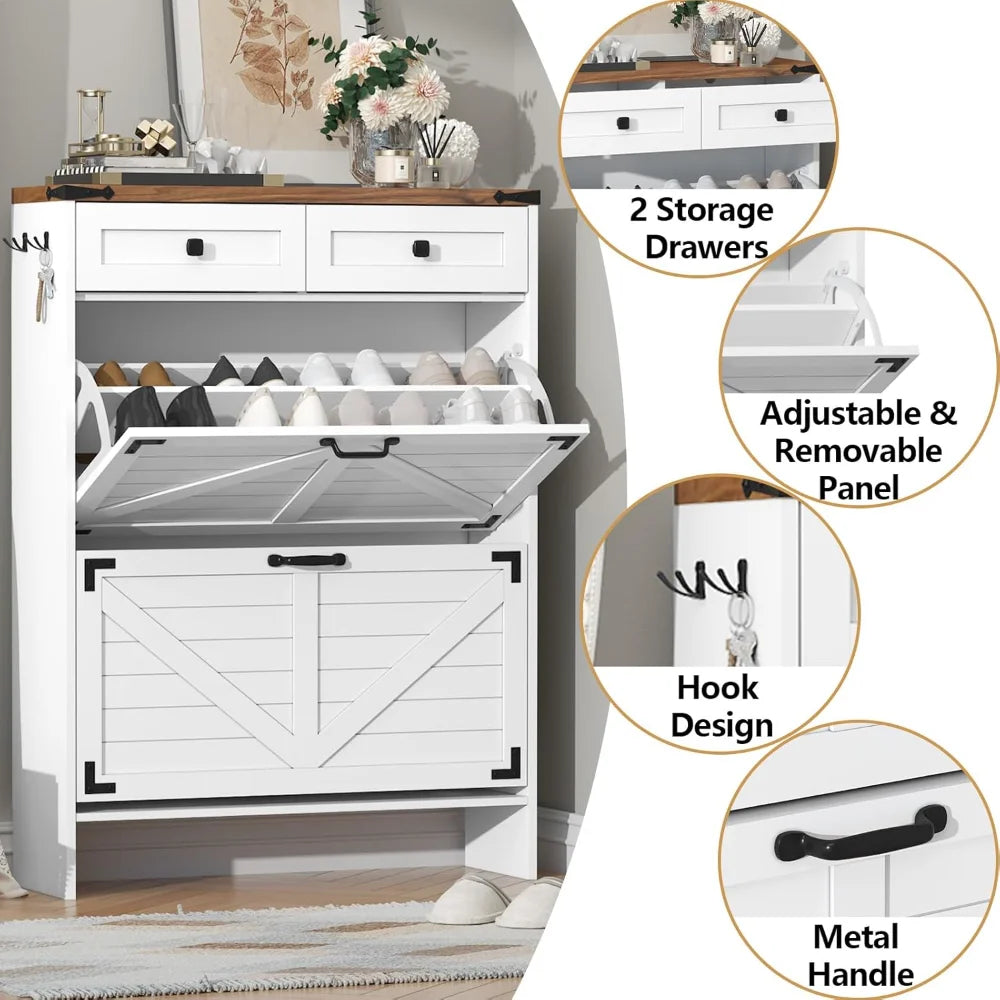 Farmhouse Shoe Storage Cabinet — Narrow Hidden Organizer with Deodorizing Function and 2 Flip Drawers