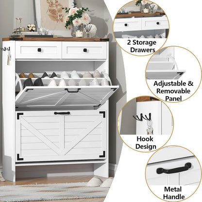 Farmhouse Shoe Storage Cabinet — Narrow Hidden Organizer with Deodorizing Function and 2 Flip Drawers