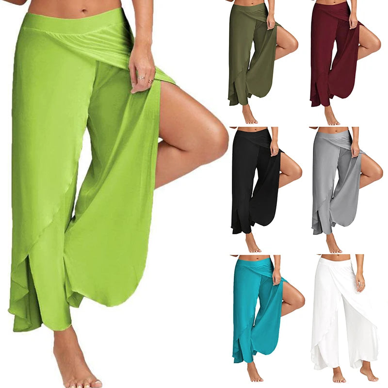 Women’s Wide Leg Yoga Pants – Elastic Waist, Casual Loose Fit, Split & Harem Style Fitness Trousers in Solid Colors