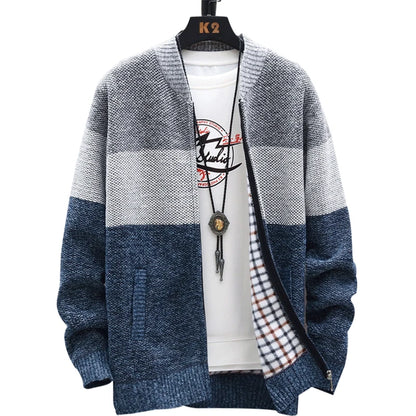 Men's Fleece Zipper Cardigan – Autumn Winter Velvet Striped Sweater Jacket