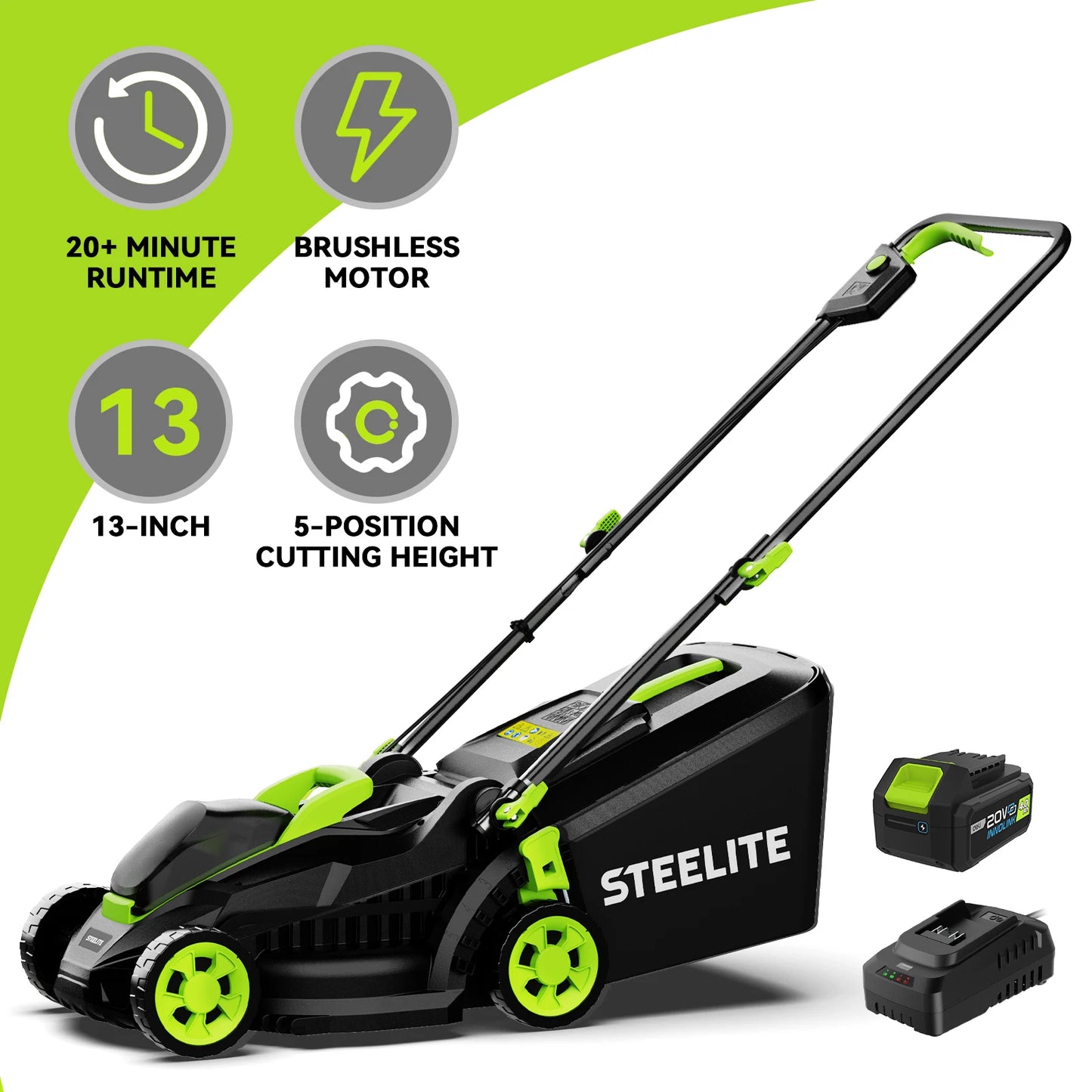 Deli 13" Cordless Electric Lawn Mower – 2-in-1 Lightweight Brushless Mower with 21V 4.0Ah Battery & Charger