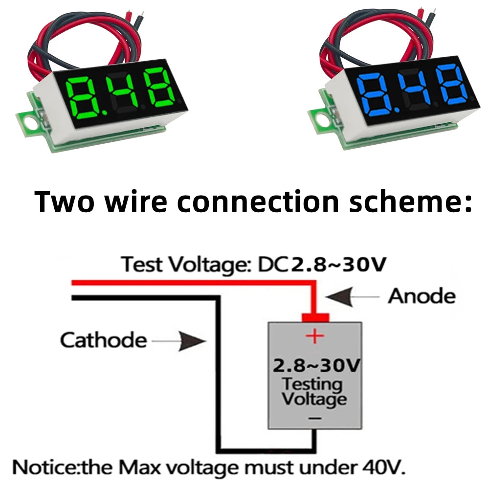 0.28 Inch DC LED Digital Voltmeter - 0-100V Voltage Meter for Auto Car, Mobile Power, with Red, Green, Blue, Yellow Display