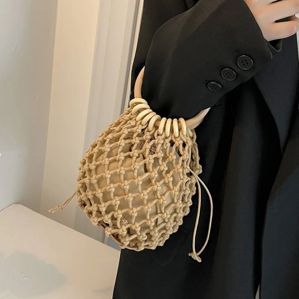 Handmade Woven Straw Handbag – Elegant Bucket Tote Wrist Pack for Women, Travel & Leisure