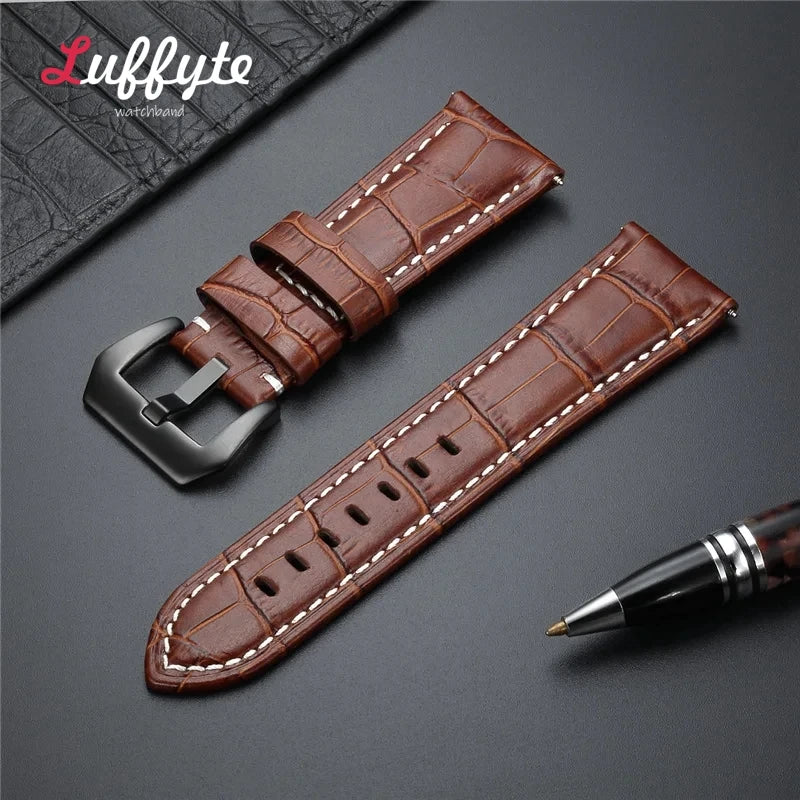 High-Quality Genuine Leather Watch Strap – 20mm-26mm Men's Band in Black, Brown & Blue