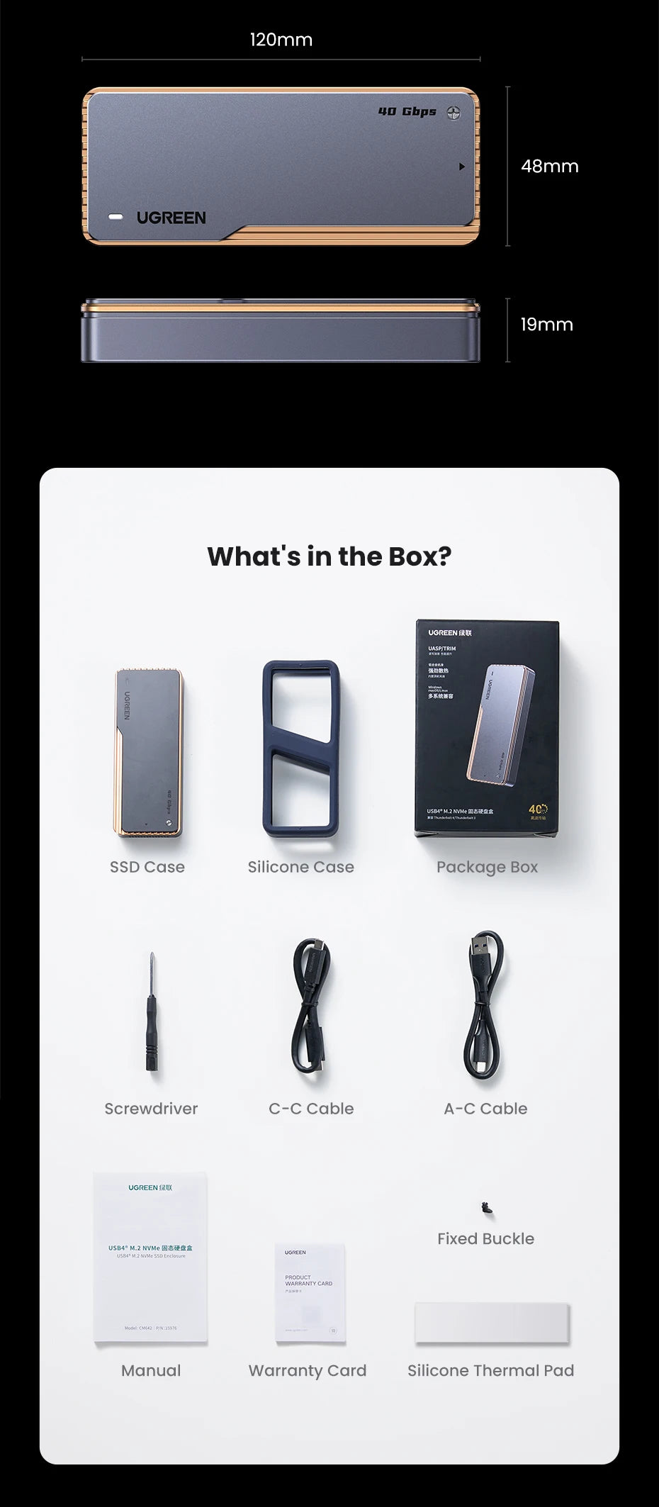 UGREEN 40Gbps NVMe SSD Enclosure – M.2 to USB4.0 Adapter with Built-in Cooling Aluminum Case