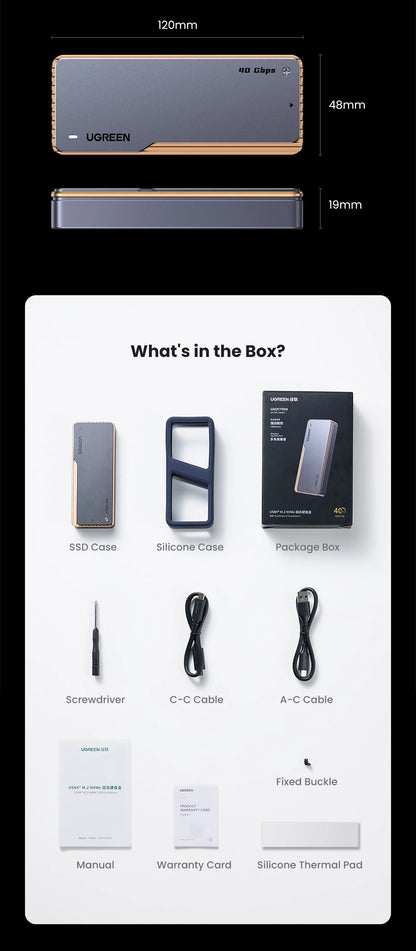 UGREEN 40Gbps NVMe SSD Enclosure – M.2 to USB4.0 Adapter with Built-in Cooling Aluminum Case