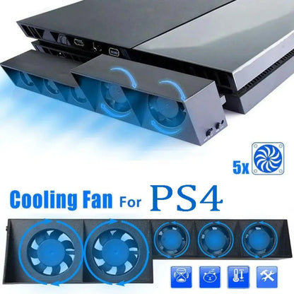 PS4 USB Cooling Fan — External 5-Fan Turbo Cooler with Temperature Control for PlayStation 4