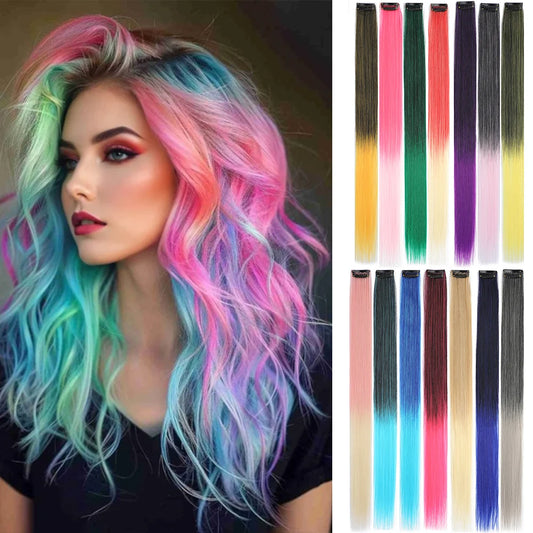 10-Pack Colorful Clip-In Party Highlights – 22" Straight Synthetic Hair Extensions for Girls