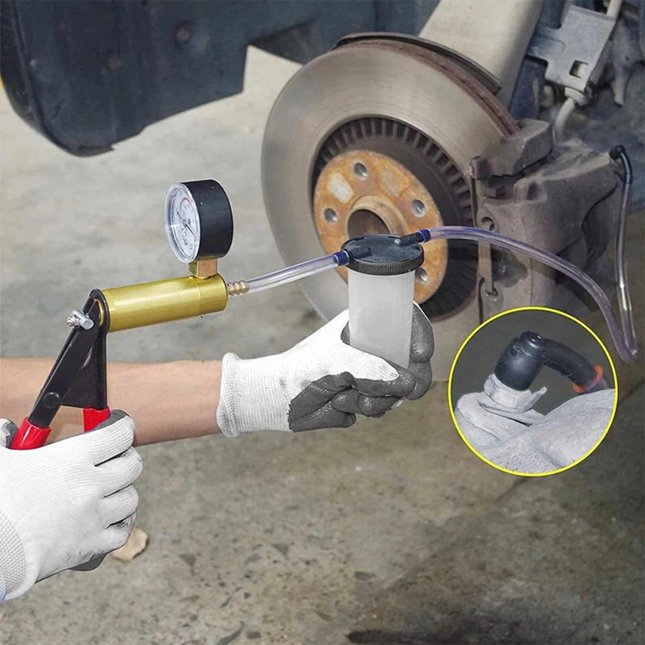 2 in 1 Brake Bleeder & Vacuum Pump Kit - Auto Brake Fluid Bleeding, Test, Purge, and Coolant Refill Tool with Gauge & Adapters