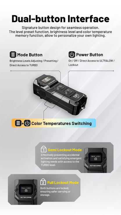 NITECORE TUP2 Mini EDC Keychain Flashlight – USB-C Rechargeable 1200 Lumen for Camping