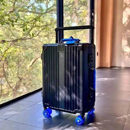Aluminum Frame Rolling Luggage — Wide Handlebar Trolley Suitcase with Colorful Silent Spinner Wheels, TSA Lock & Large Capacity