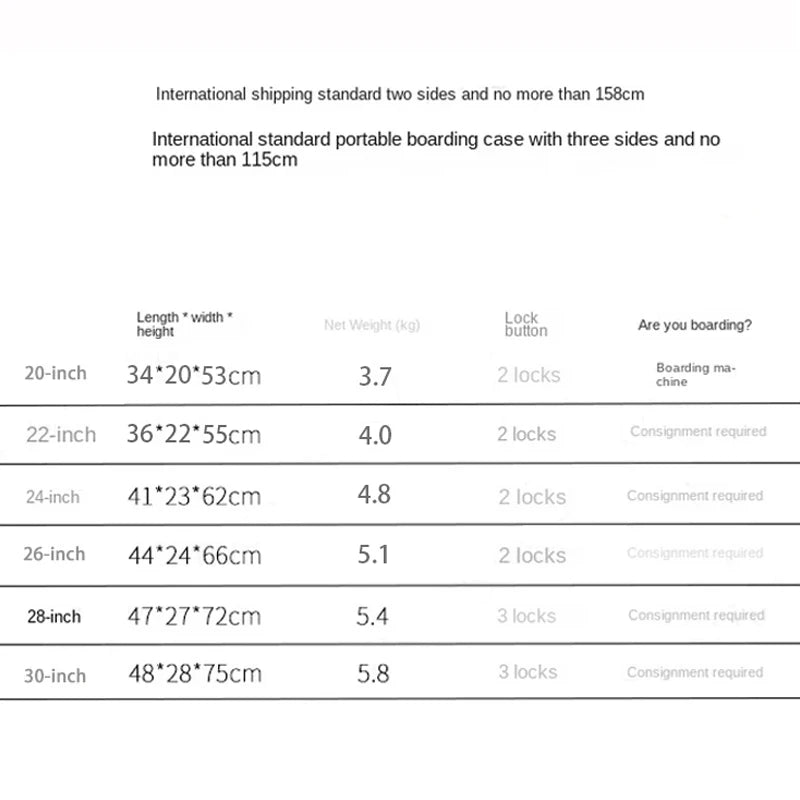 Aluminum Metal Luggage Carry-On Travel Bags - 20/22/28/30 Inch Trolley Suitcase with Cabin Size and Password Lock