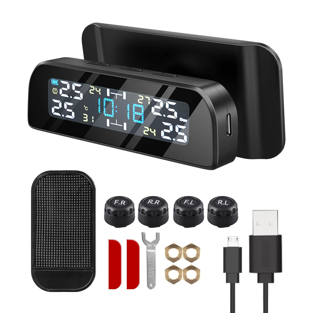 Solar Car TPMS Tire Pressure Monitoring System – External Sensors for 4 Wheels Tyre Pressure Detection