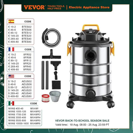 VEVOR Stainless Steel Wet Dry Shop Vacuum - Powerful Small Shop Vac for Carpet, Debris & Pet Hair
