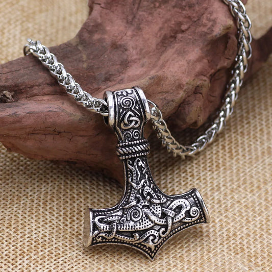 Thor Hammer Viking Necklace – Mjolnir Norse Amulet Pendant for Men, Punk Scandinavian Jewelry with Metal Chain