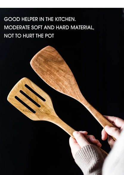 9PCS Teak Wooden Cooking Spoons Set – Kitchen Utensils with Holder